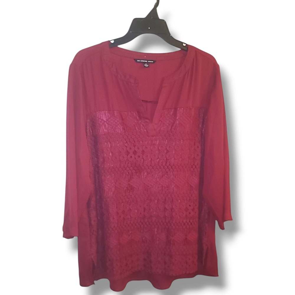 NWOT Zac & Rachel Woman 2X Red Burgundy Crochet Front Panel Blouse Top Plus